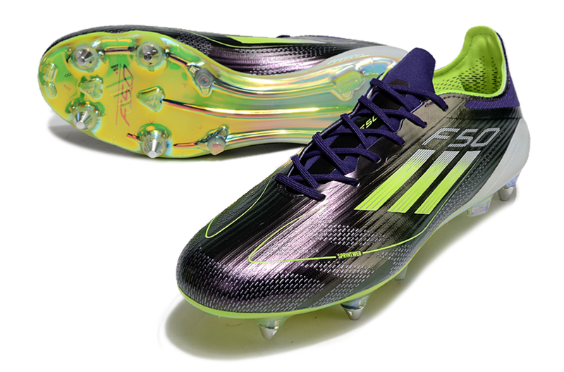 Chuteira Campo Adidas F50 Ponta de Aluminio Roxa e Verde "Fast Reborn"