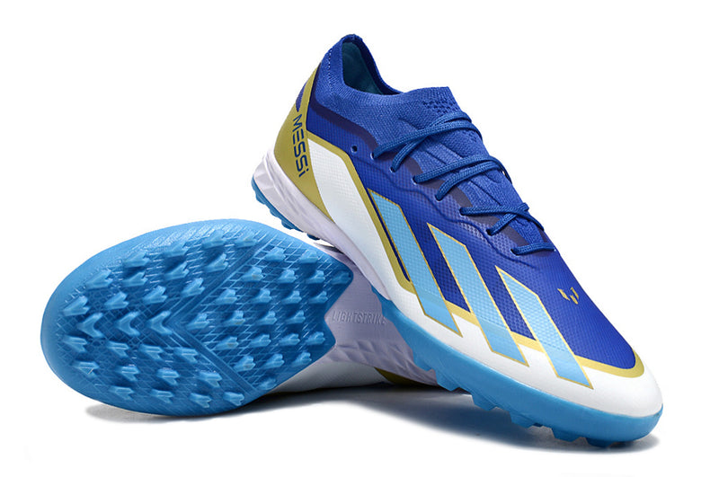 Botes de futbol de la Societat Adidas X Crazrfast Messi .1 TF Blau, Blanc i Or "Spark Gen10s"