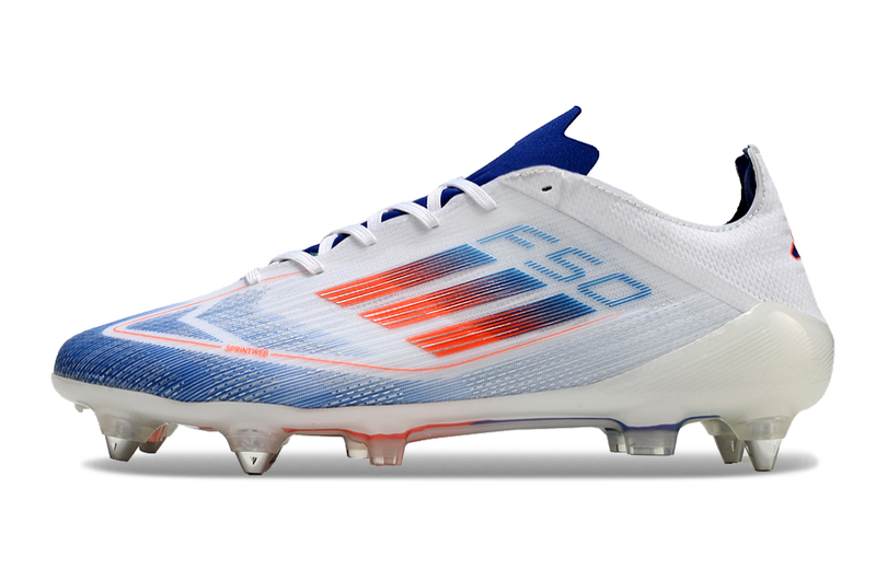 Bota de futbol Adidas F50 Aluminum Toe Blanc, Blau i Vermell "Advancement Pack" 