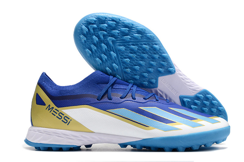 Botes de futbol de la Societat Adidas X Crazrfast Messi .1 TF Blau, Blanc i Or "Spark Gen10s"