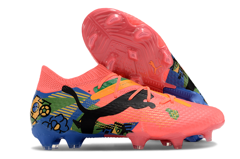 Bota de futbol Puma Future 7 FG Campo rosa, blau, verd i groc "Brasil Pack"