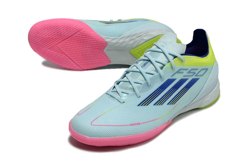 Chuteira Futsal Adidas F50 IC Azul, Rosa e Amarelo "Re-Emergence Pack"