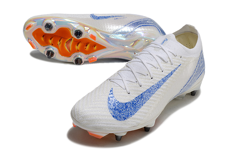 Chuteira Campo Nike Air Zoom Mercurial Vapor 16 Elite Trava Mista Branca, Azul e Laranja "Blueprint Pack"