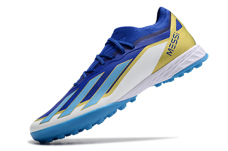 Botes de futbol de la Societat Adidas X Crazrfast Messi .1 TF Blau, Blanc i Or "Spark Gen10s"