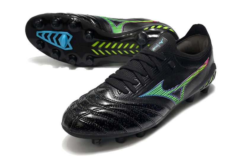 Chuteira Campo Mizuno Morelia Neo 3 FG Preta, Verde e Azul