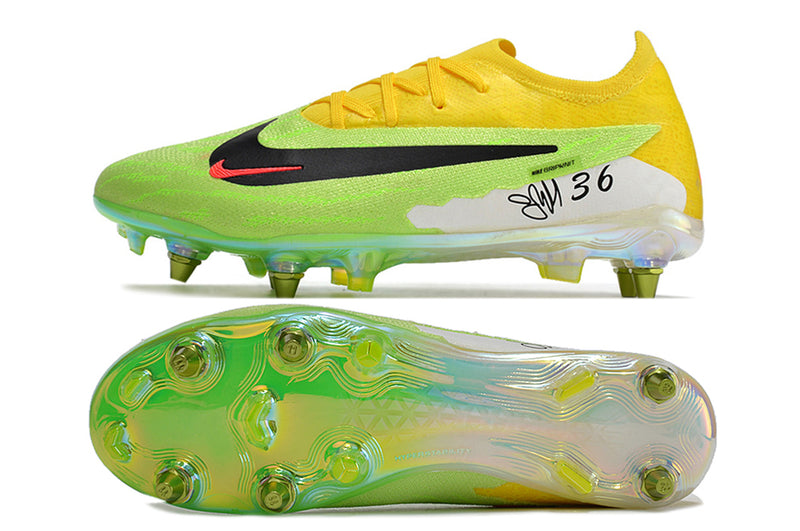 Chuteira Campo Nike Phantom GX Elite Trava Mista Amarela e Verde "Haaland"