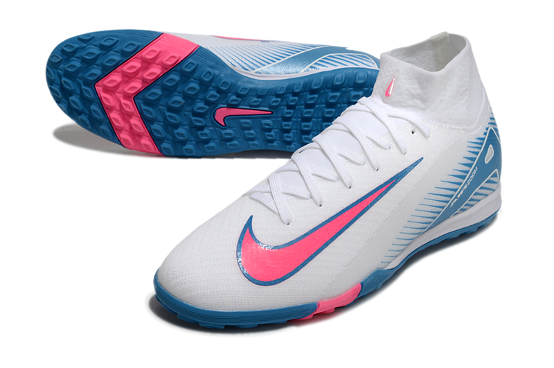 Chuteira Society Nike Air Zoom Mercurial Superfly 10 Elite TF Branca, Azul e Rosa