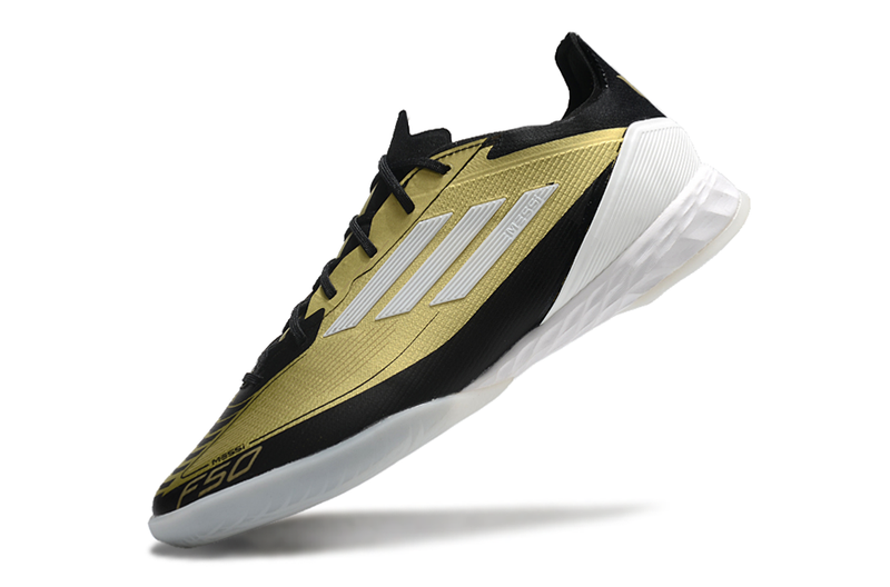 Chuteira Futsal Adidas F50 IC Dourada e Preta "Triunfo Dorado Pack"