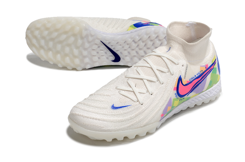 Chuteira Society Nike Phantom Luna 2 Elite TF Branca, Azul e Rosa