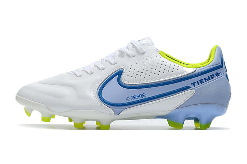 Conforto e qualidade é com NIKE Tiempo Legend 9 Elite FG Branca e Azul na Farda de Boleiro, Garanta a qualidade de Jogadores Profissionais de Elite