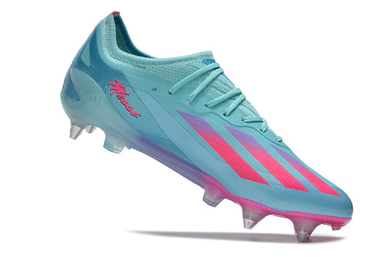 Bota de futbol Adidas X Crazyfast Messi.1 amb punta d'alumini blau i rosa "Miami Vice"