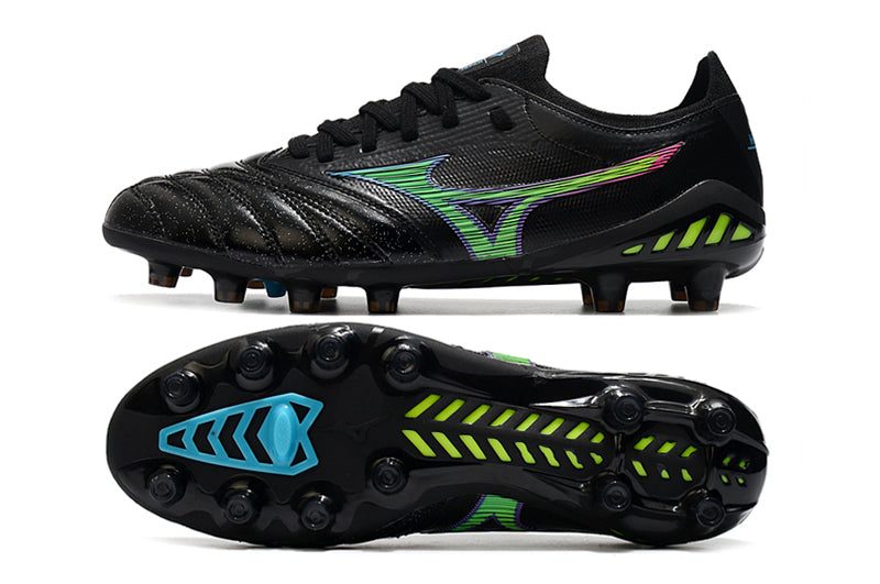 Chuteira Campo Mizuno Morelia Neo 3 FG Preta, Verde e Azul