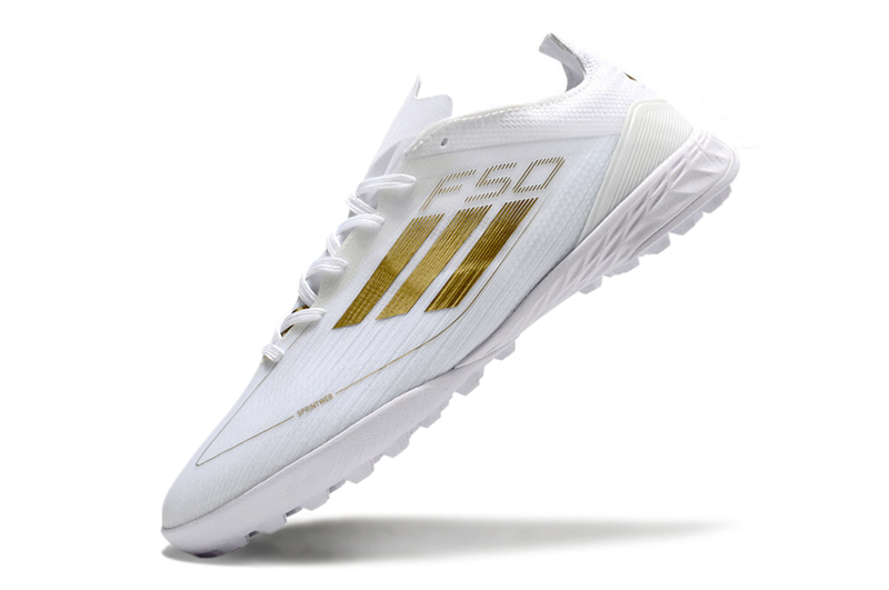 Chuteira Society Adidas F50 TF Branca e Dourado "Day Spark Pack"