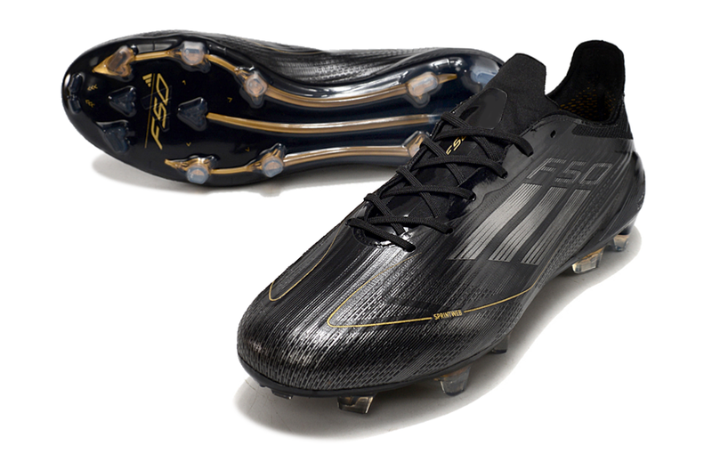 Chuteira Campo Adidas F50 FG Preta, Branca e Dourada "Dark Spark Pack"