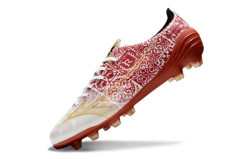 Chuteira Campo Mizuno Alpha FG Branca, Vermelho e Dourado "Signature Pack"