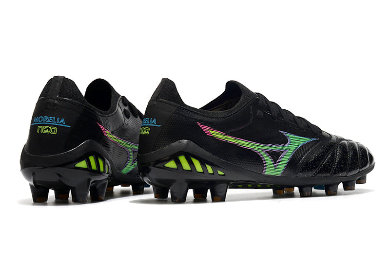 Chuteira Campo Mizuno Morelia Neo 3 FG Preta, Verde e Azul