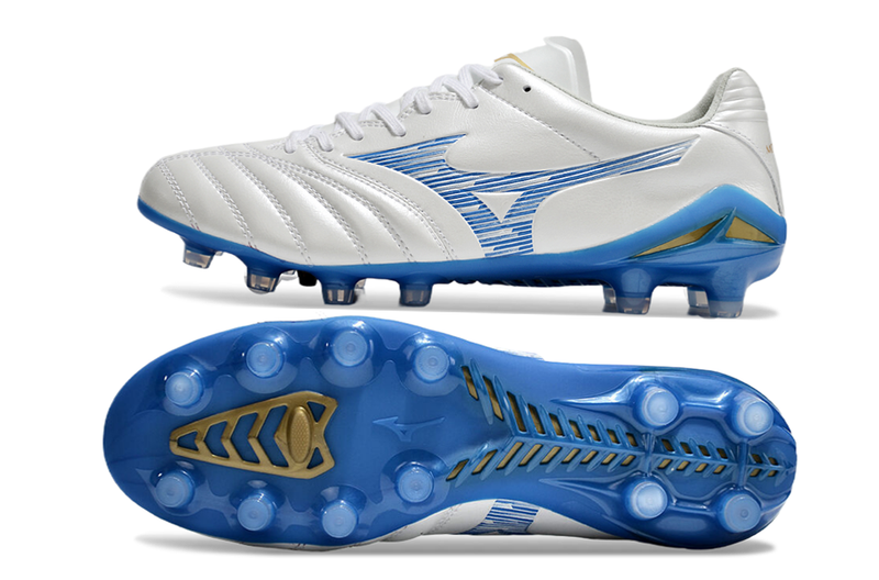 Chuteira Campo Mizuno Morelia Neo 4 Beta FG Branca e Azul "Mugen Pack"