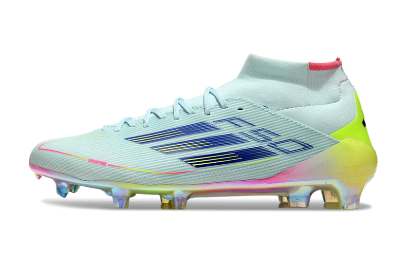 Chuteira Campo Adidas F50 Cano Médio FG Azul, Rosa e Amarelo "Olympic Boot Pack"