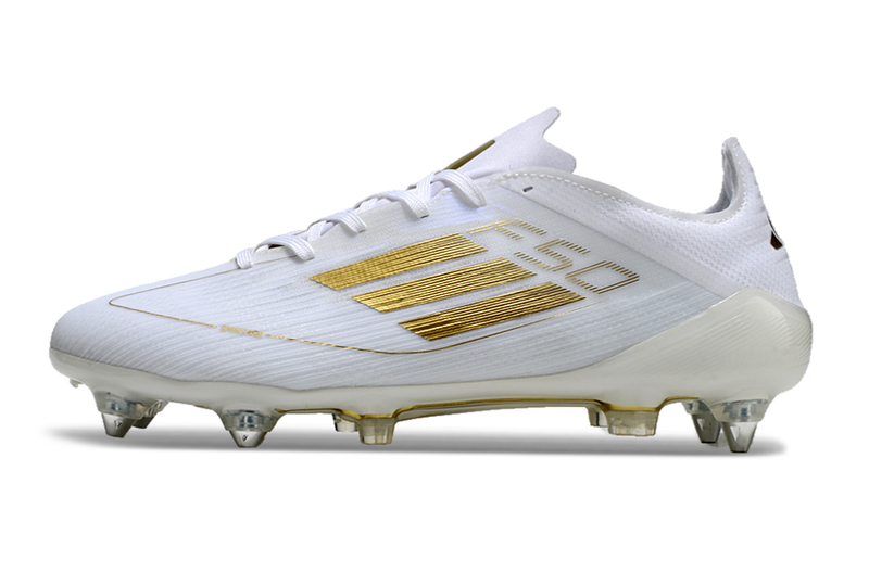 Chuteira Campo Adidas F50 Ponta de Aluminio Branca e Dourada "Day Spark"