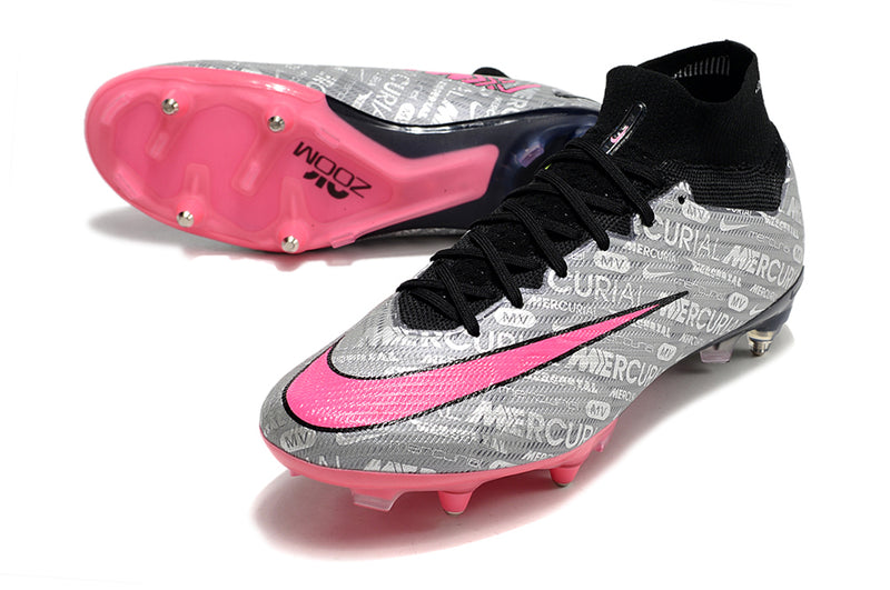 Chuteira Campo Nike Air Zoom Mercurial Superfly 9 Elite Ponta de Aluminio Prata e Rosa "Anniversary 25 Years Pack"