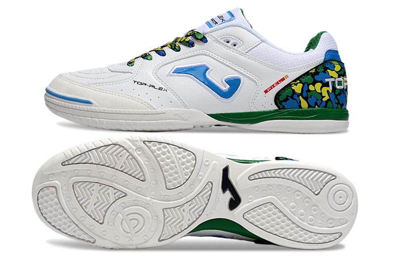 Chuteira Futsal Joma Top Flex Rebound IC Branca, Azul, Verde e Amarelo