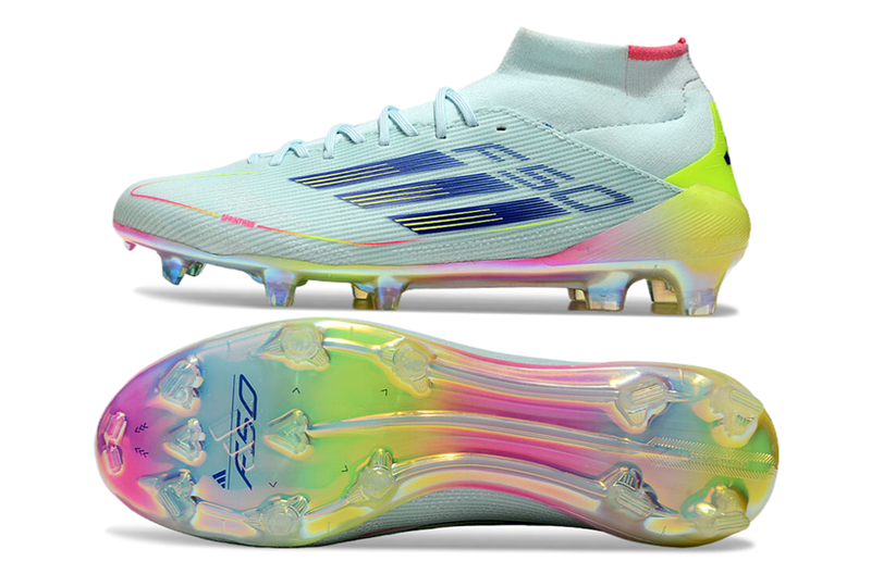 Chuteira Campo Adidas F50 Cano Médio FG Azul, Rosa e Amarelo "Olympic Boot Pack"