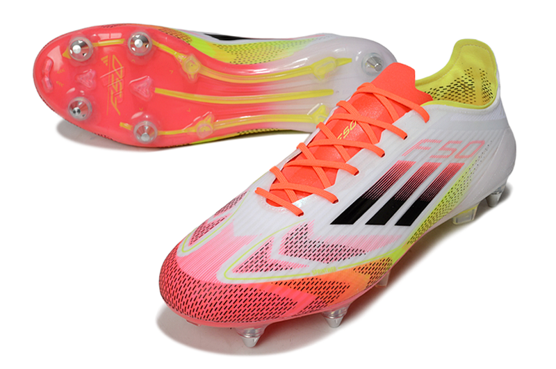 Chuteira Campo Adidas F50 Ponta de Aluminio Branca, Laranja e Amarelo