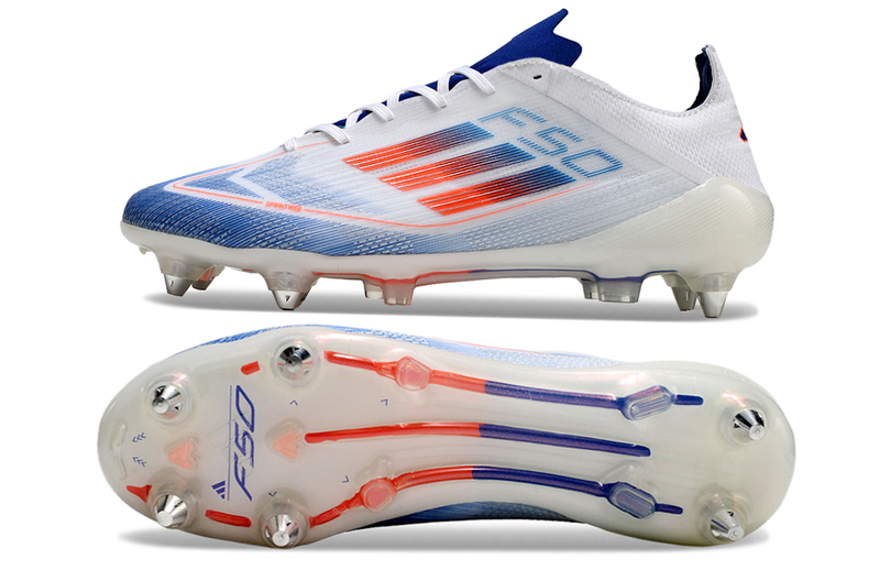 Bota de futbol Adidas F50 Aluminum Toe Blanc, Blau i Vermell "Advancement Pack" 