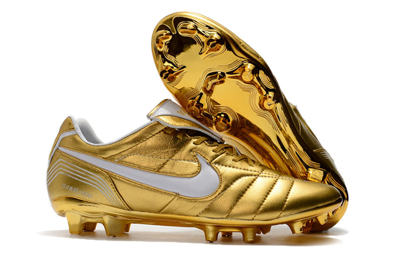 Chuteira Campo Nike Retrô Tiempo Legend 7 Elite FG Dourado e Branco R10