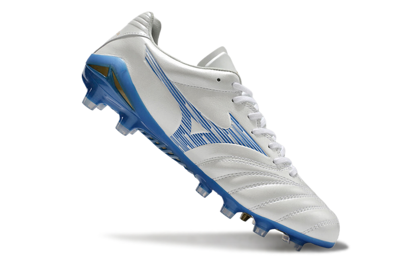 Chuteira Campo Mizuno Morelia Neo 4 Beta FG Branca e Azul "Mugen Pack"