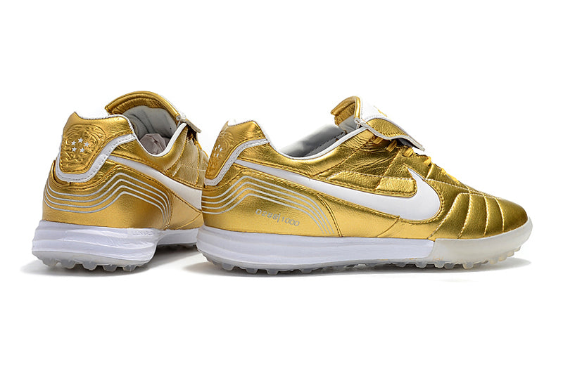 Chuteira Society Nike Retrô Tiempo Legend 7 Elite TF Dourado e Branco R10