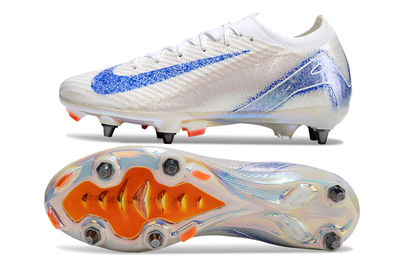 Chuteira Campo Nike Air Zoom Mercurial Vapor 16 Elite Trava Mista Branca, Azul e Laranja "Blueprint Pack"