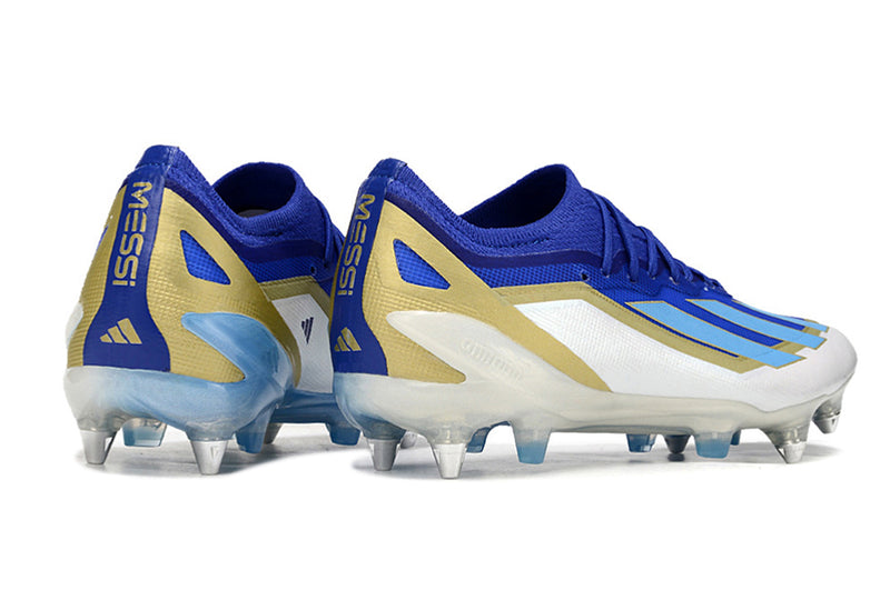 Bota de futbol Adidas X Crazyfast Messi.1 amb punta d'alumini blau, blanc i daurat "Spark Gen10s"