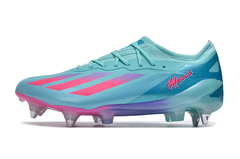 Bota de futbol Adidas X Crazyfast Messi.1 amb punta d'alumini blau i rosa "Miami Vice"