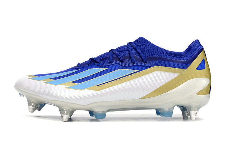 Bota de futbol Adidas X Crazyfast Messi.1 amb punta d'alumini blau, blanc i daurat "Spark Gen10s"