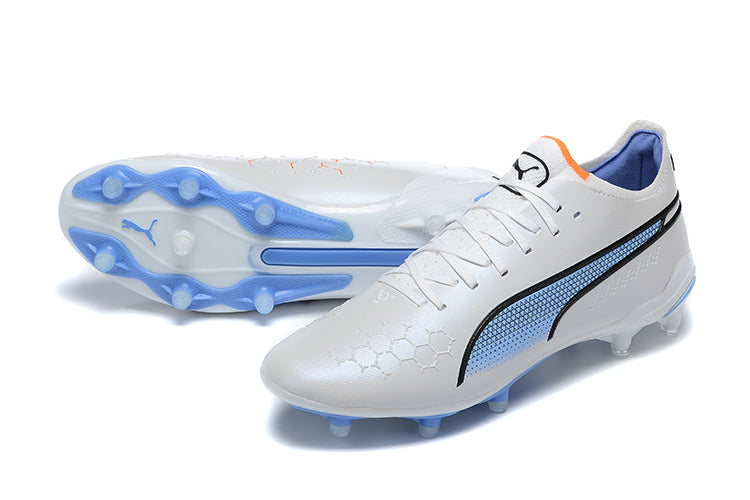 Chuteira Campo Puma King Ultimate FG Branca e Azul "Supercharge Pack"