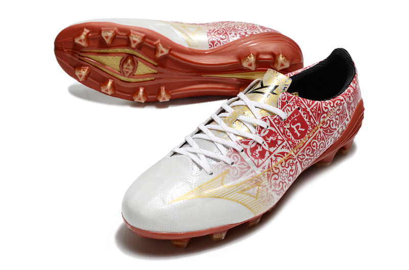 Bota de futbol Mizuno Alpha FG Campo Blanca, Vermella i Daurada "Signature Pack" 