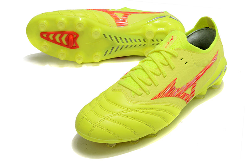 Chuteira Campo Mizuno Morelia Neo 4 Beta FG Amarelo e Vermelho "Dyna Pack'