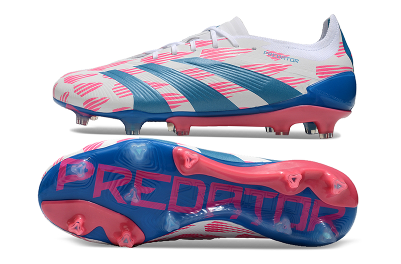 Chuteira Campo Adidas Predator Elite FG Branca, Azul e Rosa "Reemergence Pack"