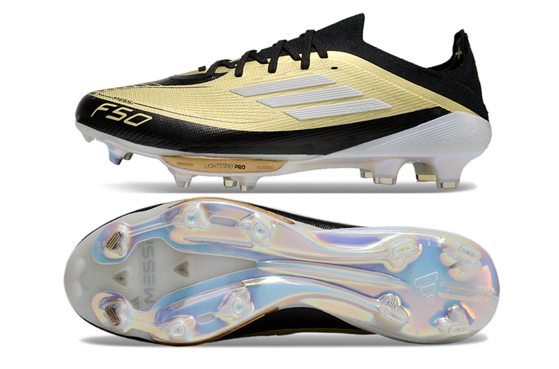 Chuteira Campo Adidas F50+ FG Messi Dourada e Preto "Triunfo Dorado Pack"