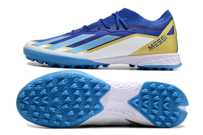 Botes de futbol de la Societat Adidas X Crazrfast Messi .1 TF Blau, Blanc i Or "Spark Gen10s"