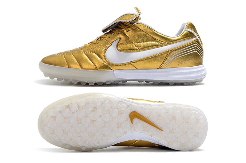 Nike Retro Tiempo Legend 7 Elite TF Gold and White R10 Society Football Boots 