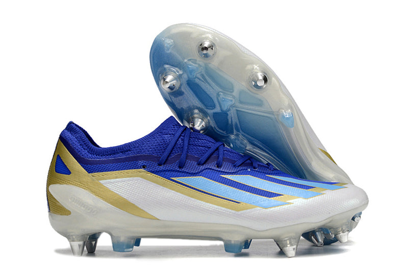 Bota de futbol Adidas X Crazyfast Messi.1 amb punta d'alumini blau, blanc i daurat "Spark Gen10s"