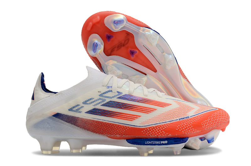 Chuteira Campo Adidas F50+ FG Branca, Azul e Vermelha "Advancement Pack"