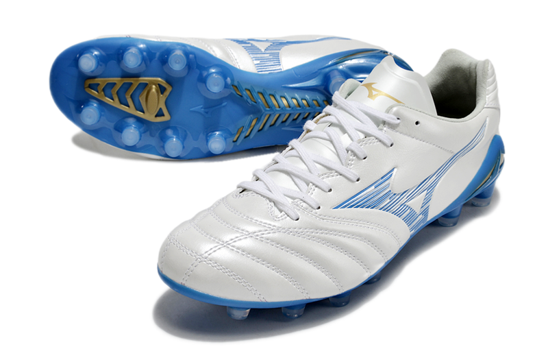 Chuteira Campo Mizuno Morelia Neo 4 Beta FG Branca e Azul "Mugen Pack"