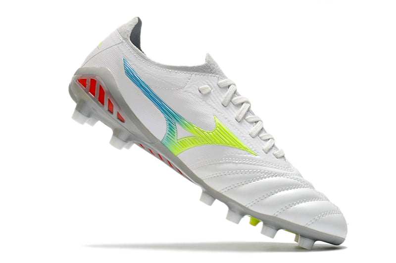 Chuteira Campo Mizuno Morelia Neo 3 FG Branca, Azul e Verde