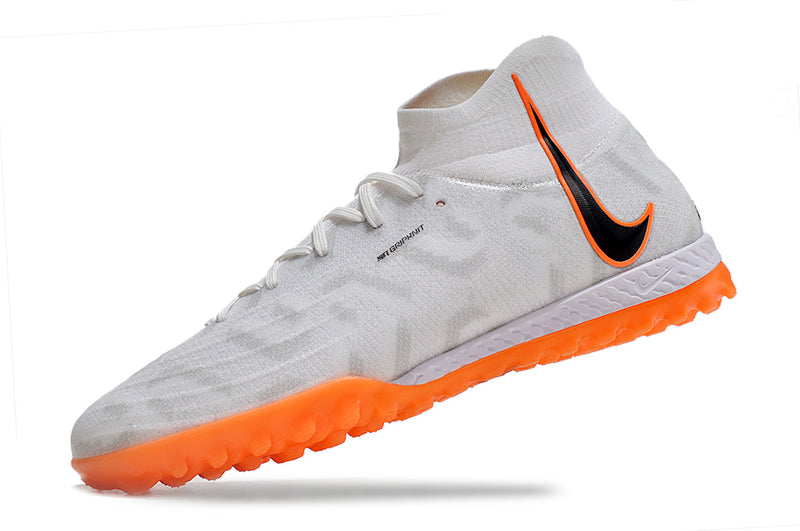 Chuteira Society Nike Phantom Luna Elite TF Branca e Laranja "United Pack"