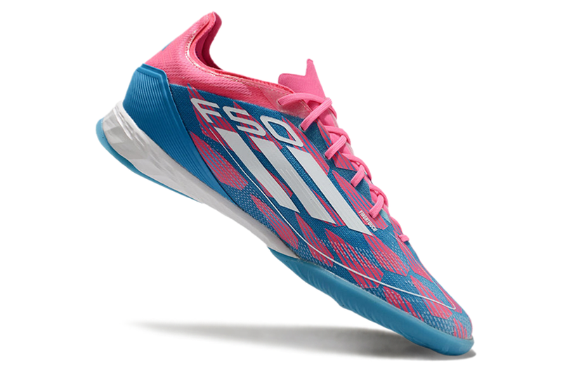 Chuteira Futsal Adidas F50 IC Rosa, Azul e Branca "Re-Emergence Pack"