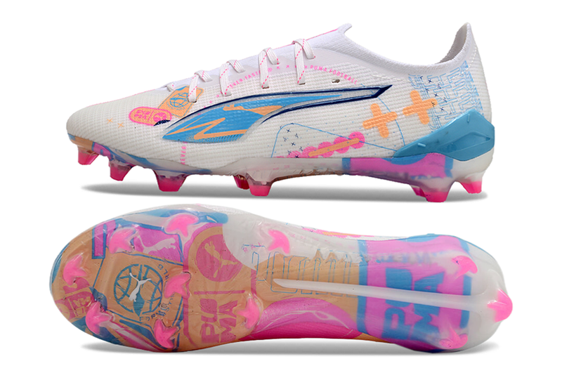 Botes de futbol Puma Ultra 5 Ultimate FG Campo blanc, blau i rosa "Paquet de pujada de volum" 