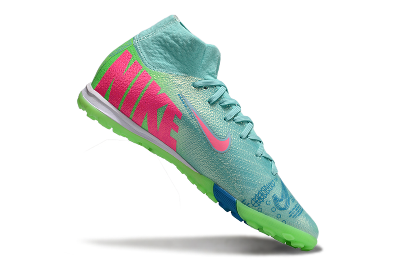 Chuteira Society Nike Air Zoom Mercurial Superfly 10 Elite TF Verde e Rosa "Cosmic Speed"